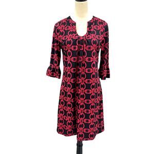 Aryeh Black & Red Geometric Chain Print 3/4 Flounce Sleeve Mini Shift Dress